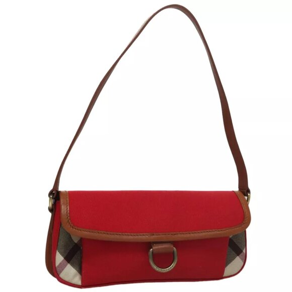 BURBERRY Nova Check Shoulder Bag Canvas Leather Red Brown gold Auth 108029 - Picture 1 of 15